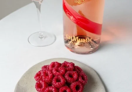Mascarpone And Raspberry Tart with a bottle of G.H.Mumm Grand Cordon Rosé