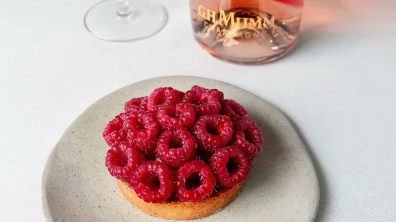 Mascarpone And Raspberry Tart with a bottle of G.H.Mumm Grand Cordon Rosé