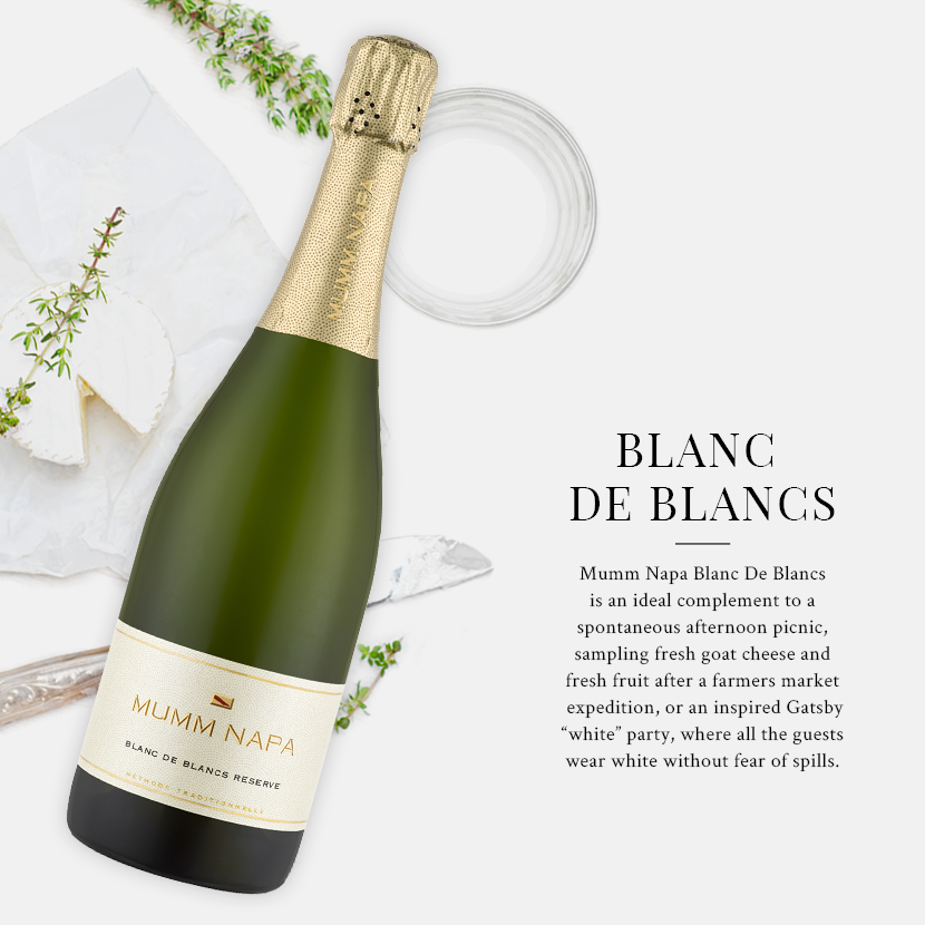 A bottle of Mumm Napa Blanc de Blanc Reserve with the caption: 'Blanc de Blancs: Mumm Napa Blanc De Blancs is an ideal complement to a spontaneous afternoon picnic, sampling fresh goat cheese and fresh fruit after a farmers market expedition, or an inspired Gatsby “white” party, where all the guests wear white without fear of spills.'