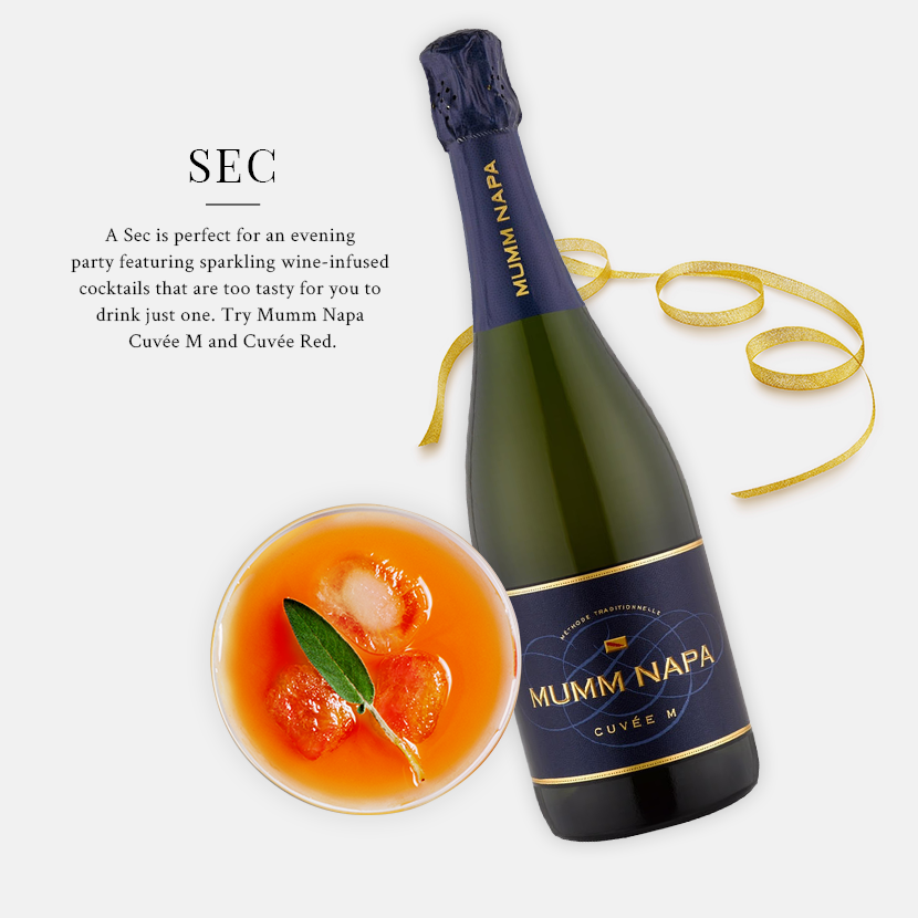 A cocktail next to a bottle Mumm Napa Cuvée M and the caption: 'Sec: A Sec is perfect for an evening party featuring sparkling wine-infused cocktails that are too tasty for you to drink just one. Try Mumm Napa Cuvée M and Cuvée Red.'