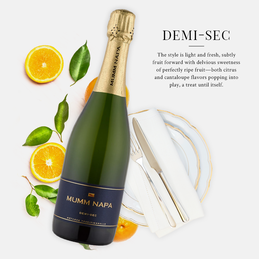 A bottle of Mumm Napa Demi-Sec with orange slices and the caption: 'Demi-Sec: The style is light and fresh, subtly fruit forward with delicious sweetness of perfectly ripe fruit, both citrus and cantaloupe flavors popping into play, a treat until itself.'