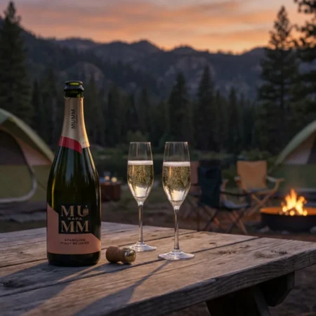 An open bottle and two glasses of Mumm Napa Pinot Meunier sparkling wine on a wooden camp table with camping chairs, pine trees, and mountains in the background as the sunsets
