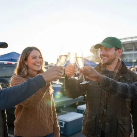 Group of four people, with only a women in a sweater and a man in a green baseball cap fully visible, cheersing with champagne classes as the sun sets behind them