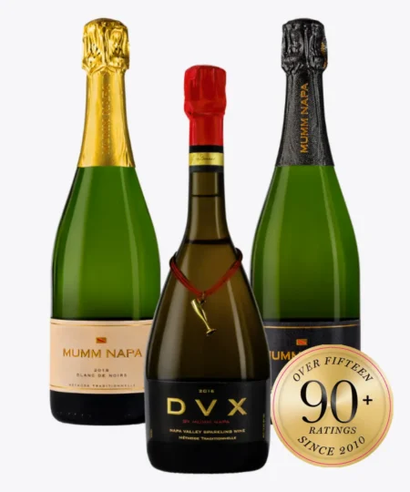 Bottles of Mumm Napa Blanc de Noirs, DVX, and Brut Reserve sparkling wines with a superimposed gold badge that reads "over fifteen 90+ ratings since 2010"