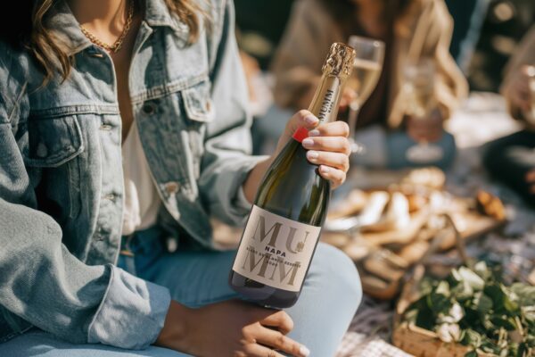 A sitting woman in a denim jacket shown from the shoulders down holds an unopened bottle of Mumm Napa Blanc de Blancs Reserve, with a sunny but out-of-focus picnic scene behind her