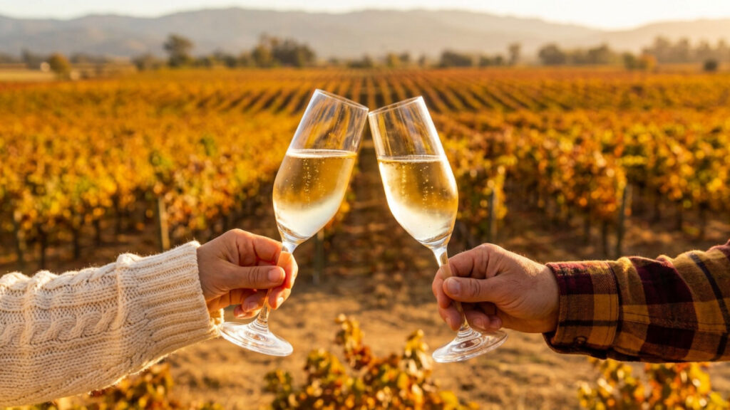 A couple clink sunlit sparkling wine glasses with a vineyard in warm fall colors in the background